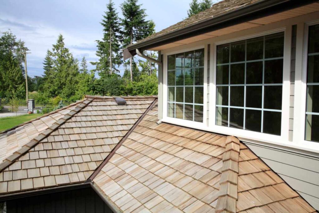 Close-up view of a new cedar shingle roof on a modern home in Portland, OR