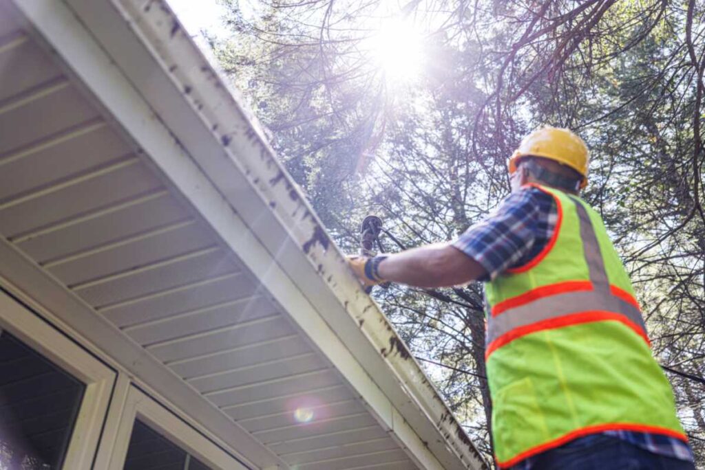 Roof inspector wearing a protective vest and hardhat examining a house roof for storm damage.