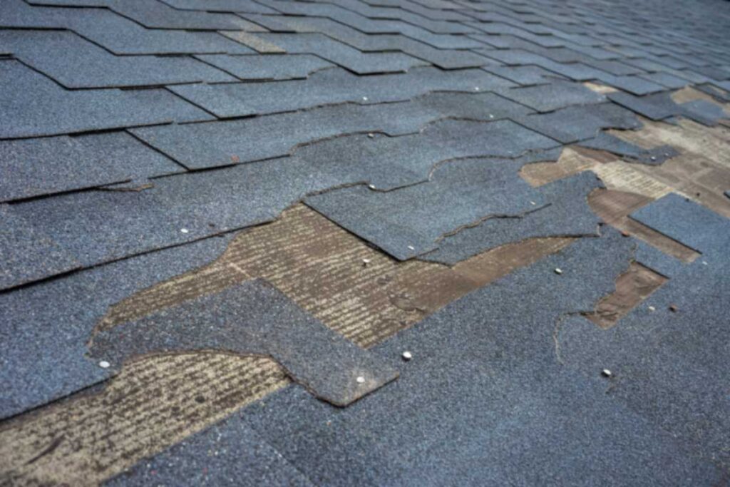 Close-up of damaged shingles on a roof needing repair